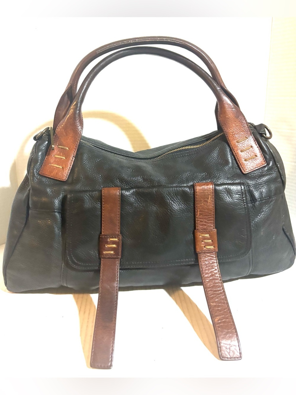 Classic Two-Tone Leather Satchel Shoulder Bag - Black & Brown
